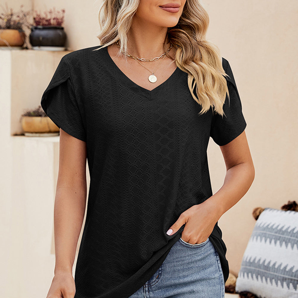 Eyelet V-Neck Petal Sleeve T-Shirt
