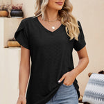 Eyelet V-Neck Petal Sleeve T-Shirt
