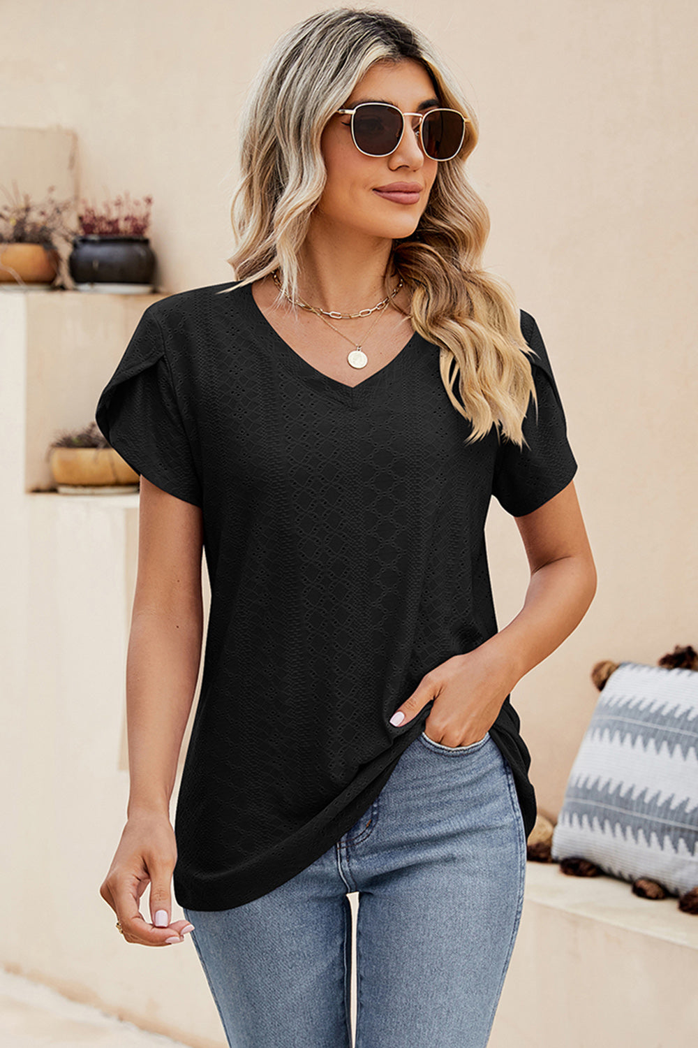 Eyelet V-Neck Petal Sleeve T-Shirt
