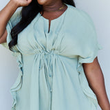 Ninexis Out Of Time Full Size Ruffle Hem Dress with Drawstring Waistband in Light Sage
