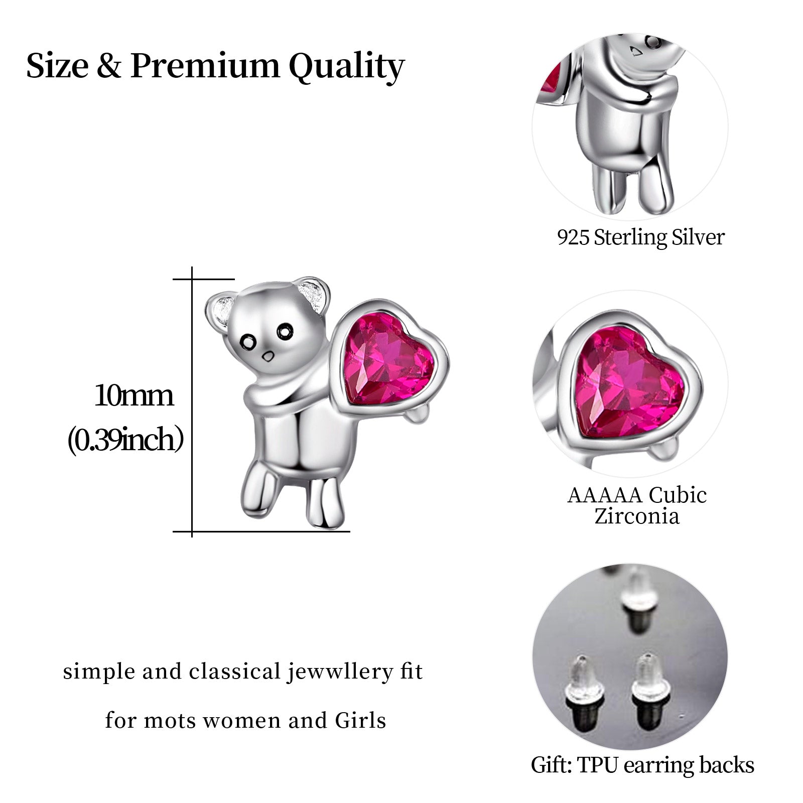 Sterling Silver Tiny Animal Cute Bear Holding a Heart Stud Earrings
