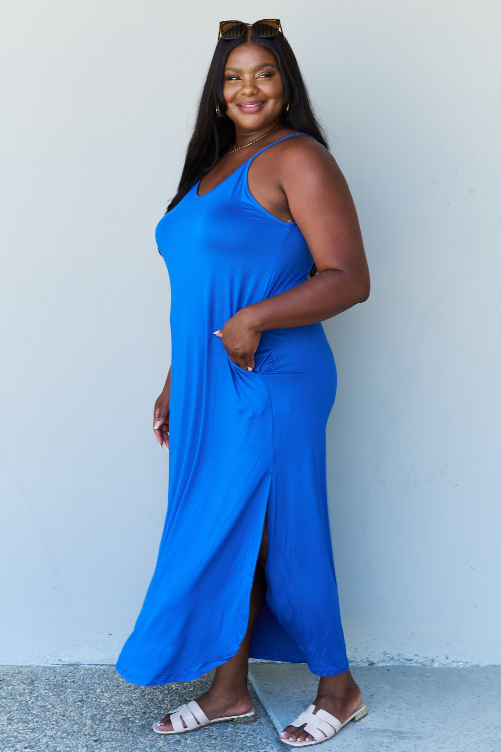 Ninexis Good Energy Full Size Cami Side Slit Maxi Dress in Royal Blue
