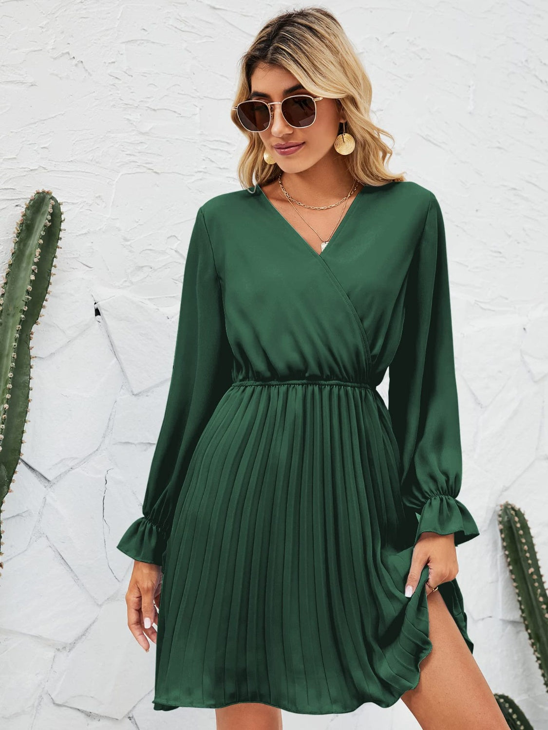 Surplice Flounce Sleeve Pleated Mini Dress
