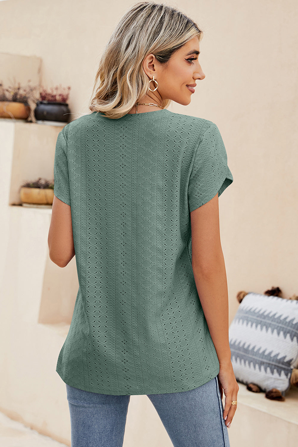 Eyelet V-Neck Petal Sleeve T-Shirt
