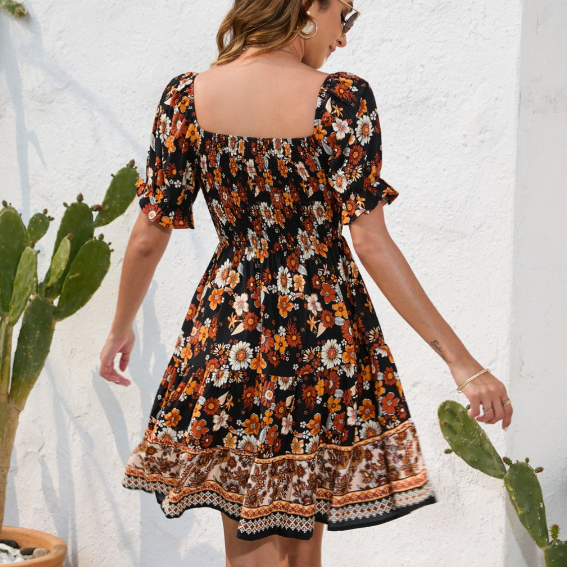 Printed Square Neck Short Sleeve Dress
