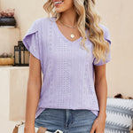 Eyelet V-Neck Petal Sleeve T-Shirt
