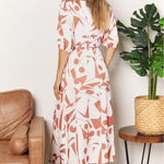 Double Take Printed Surplice Balloon Sleeve Dress
