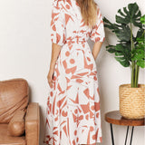 Double Take Printed Surplice Balloon Sleeve Dress
