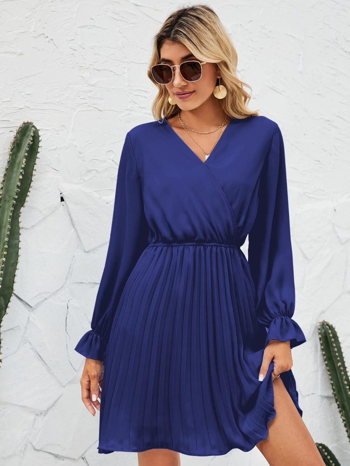 Surplice Flounce Sleeve Pleated Mini Dress
