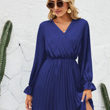 Surplice Flounce Sleeve Pleated Mini Dress
