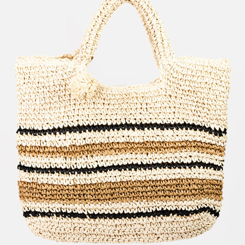 Fame Striped Straw Braided Tote Bag
