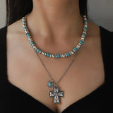 Artificial Turquoise Beaded Double-Layered Cross Necklace
