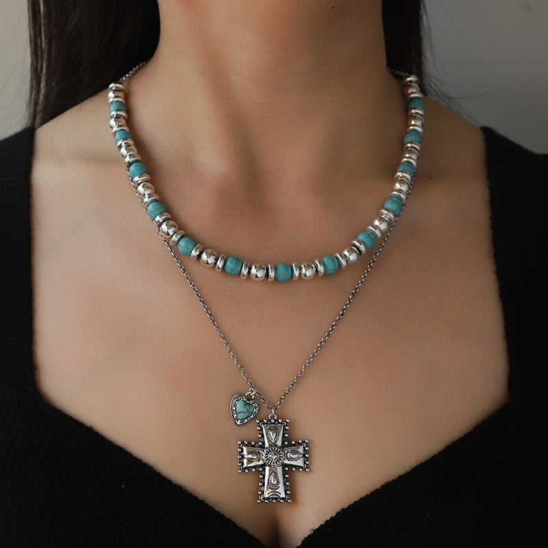 Artificial Turquoise Beaded Double-Layered Cross Necklace
