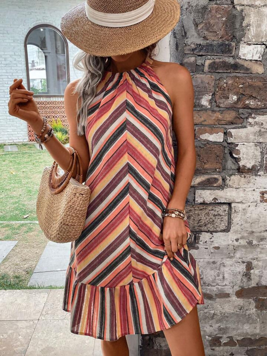 Striped Grecian Neck Dress
