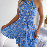 Tied Printed Grecian Neck Mini Dress
