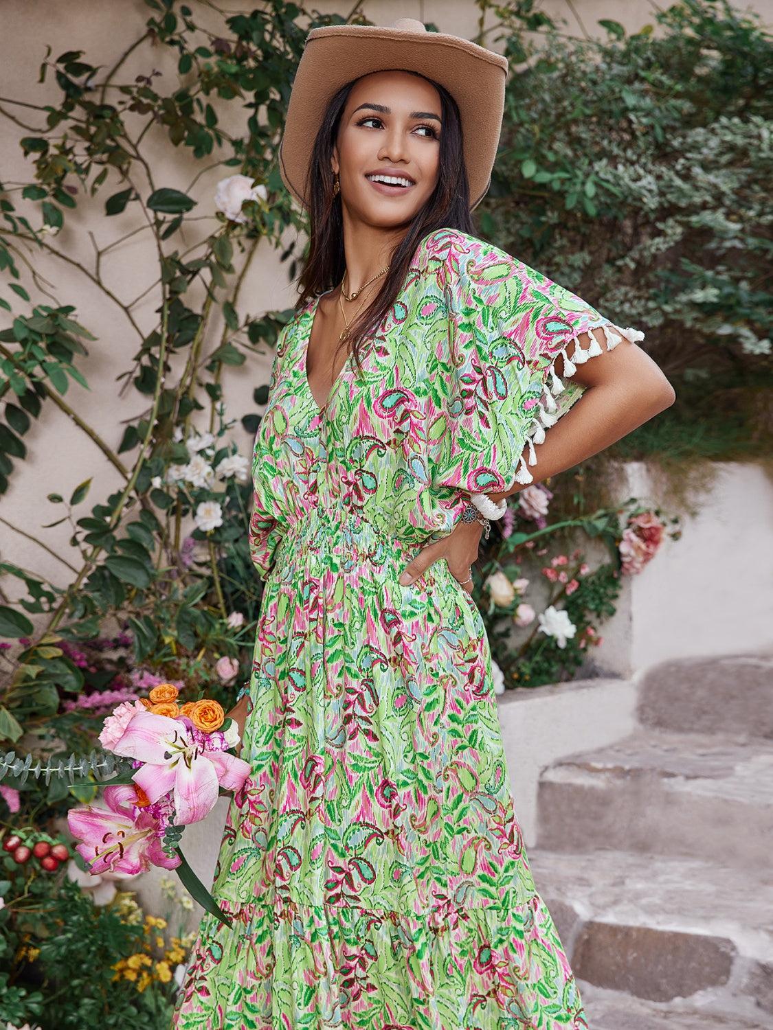 Smocked Floral V-Neck Short Sleeve Dress
