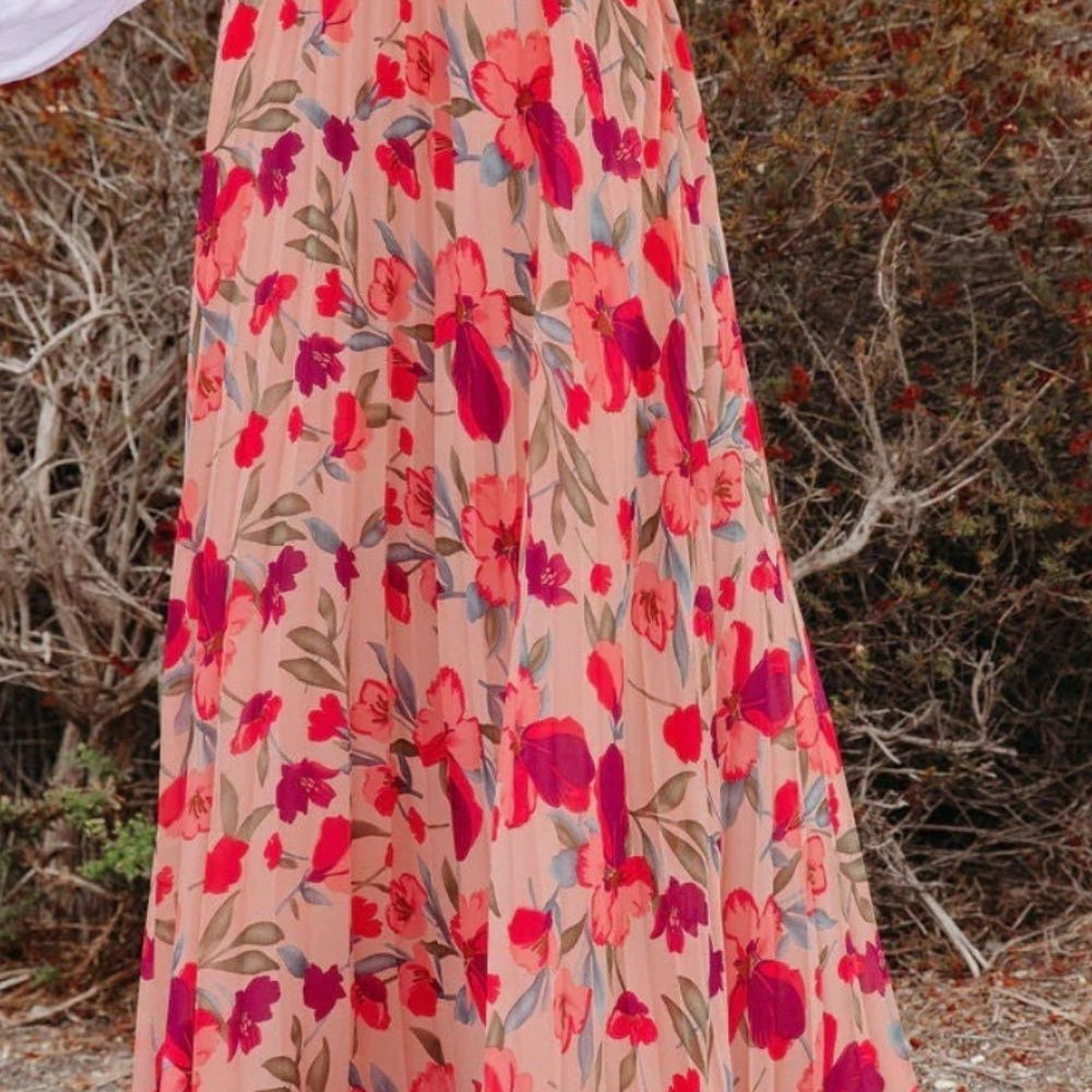 Printed Elastic Waist Pleated Maxi Skirt
