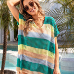 Openwork Striped V-Neck Short Sleeve Cover Up
