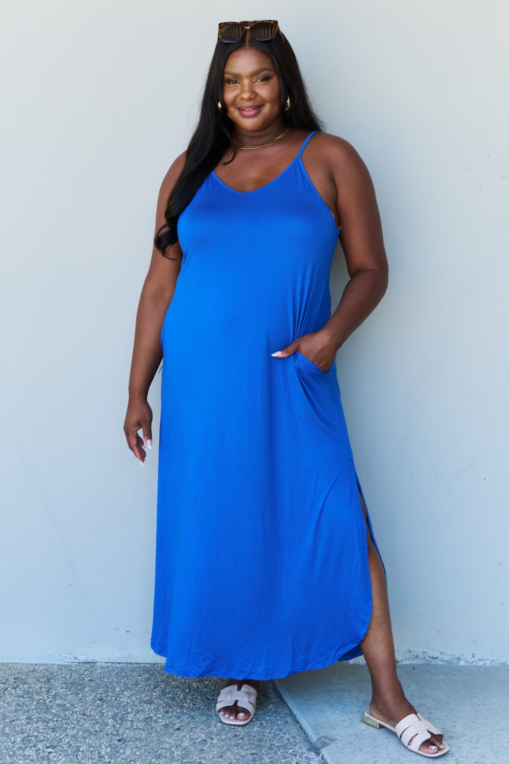 Ninexis Good Energy Full Size Cami Side Slit Maxi Dress in Royal Blue
