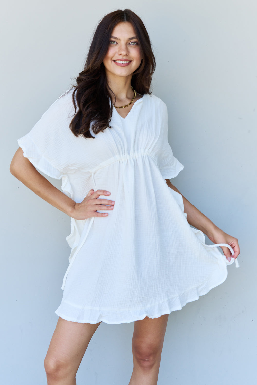 Ninexis Out Of Time Full Size Ruffle Hem Dress with Drawstring Waistband in White
