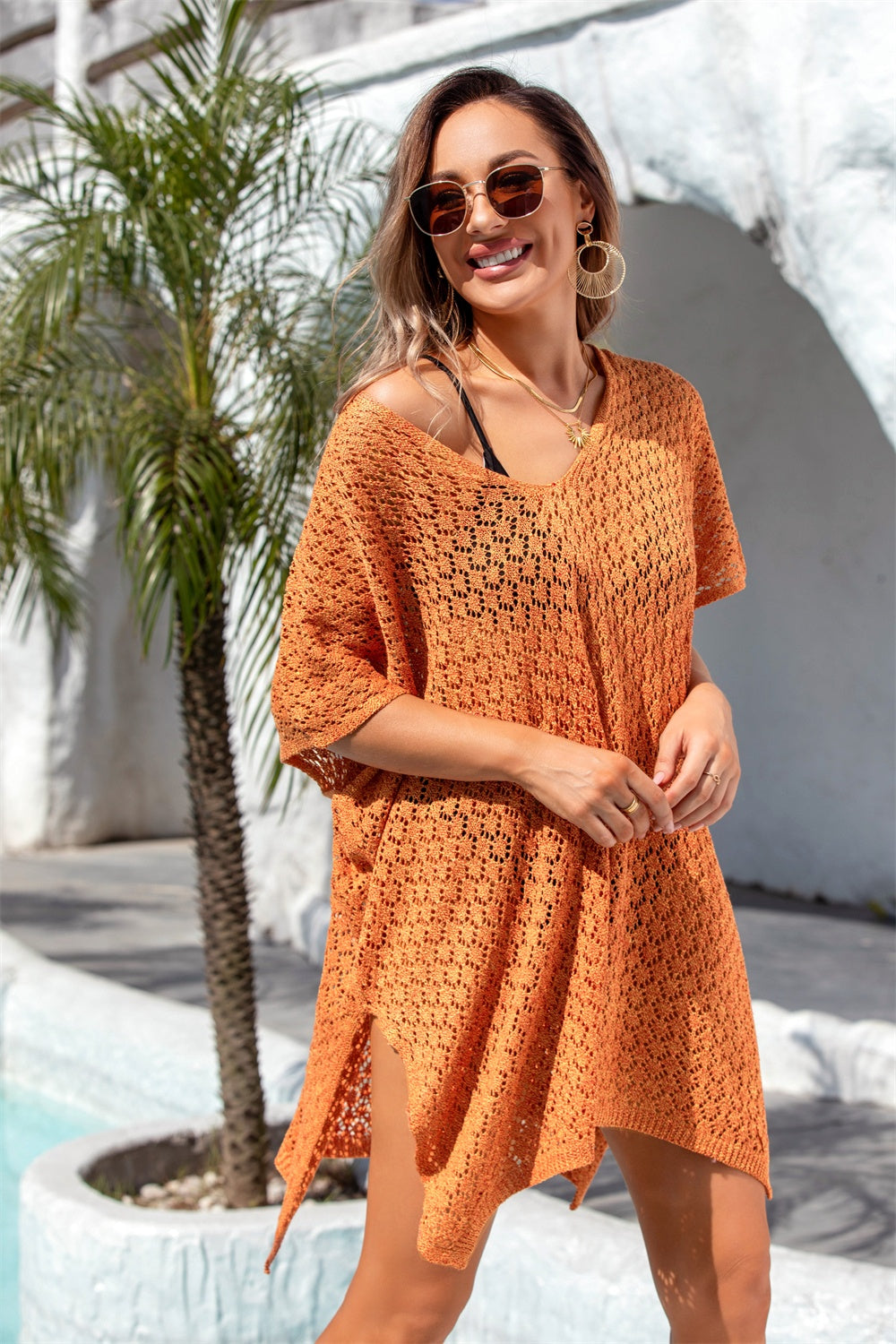 Openwork Slit Scoop Neck Cover Up
