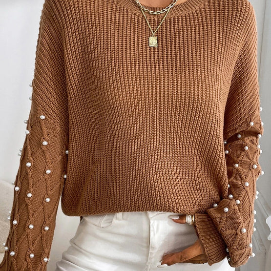 Pearl Detail Round Neck Long Sleeve Sweater
