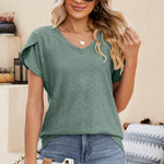 Eyelet V-Neck Petal Sleeve T-Shirt
