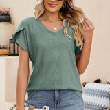 Eyelet V-Neck Petal Sleeve T-Shirt
