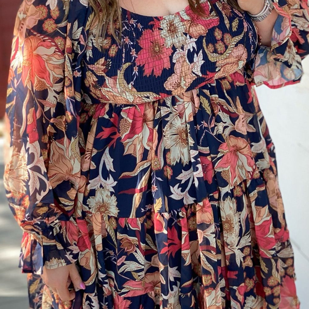 Plus Size Smocked Printed Long Sleeve Dress
