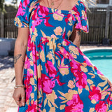 Printed Square Neck Short Sleeve Midi Dress
