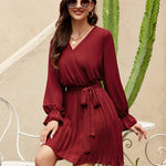 Surplice Flounce Sleeve Pleated Mini Dress
