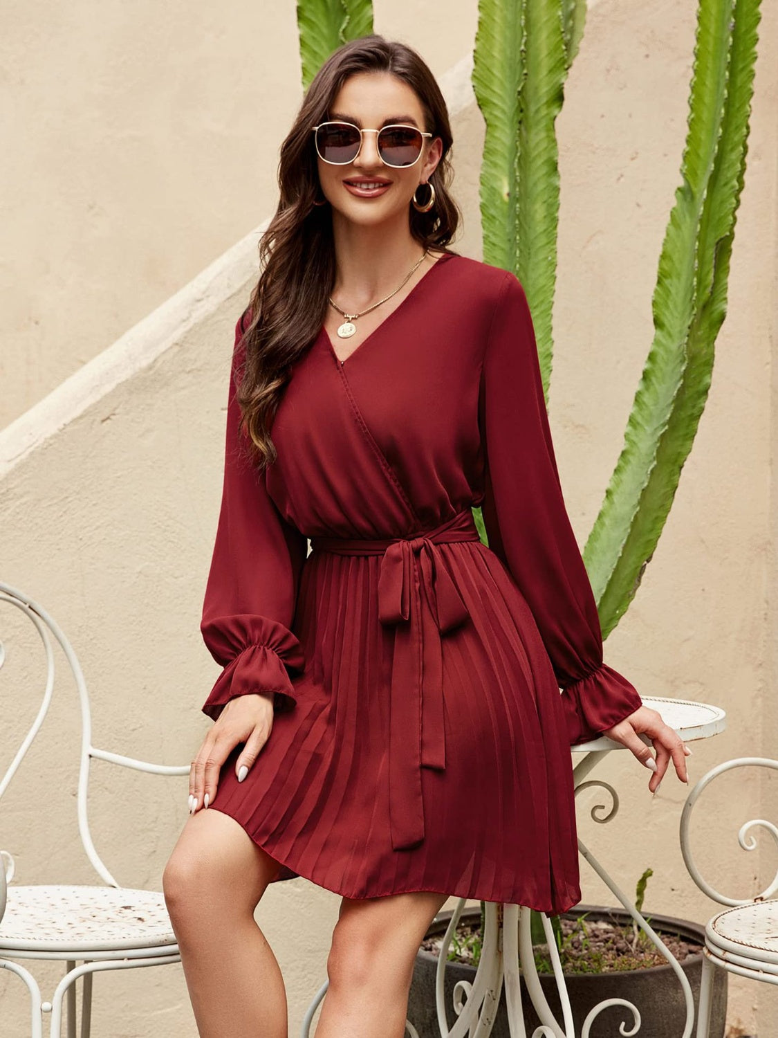 Surplice Flounce Sleeve Pleated Mini Dress
