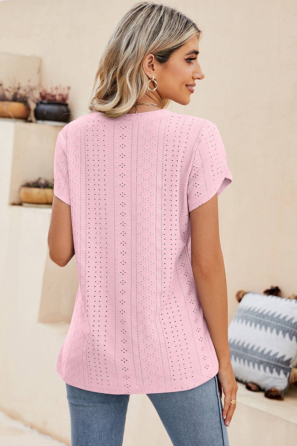 Eyelet V-Neck Petal Sleeve T-Shirt
