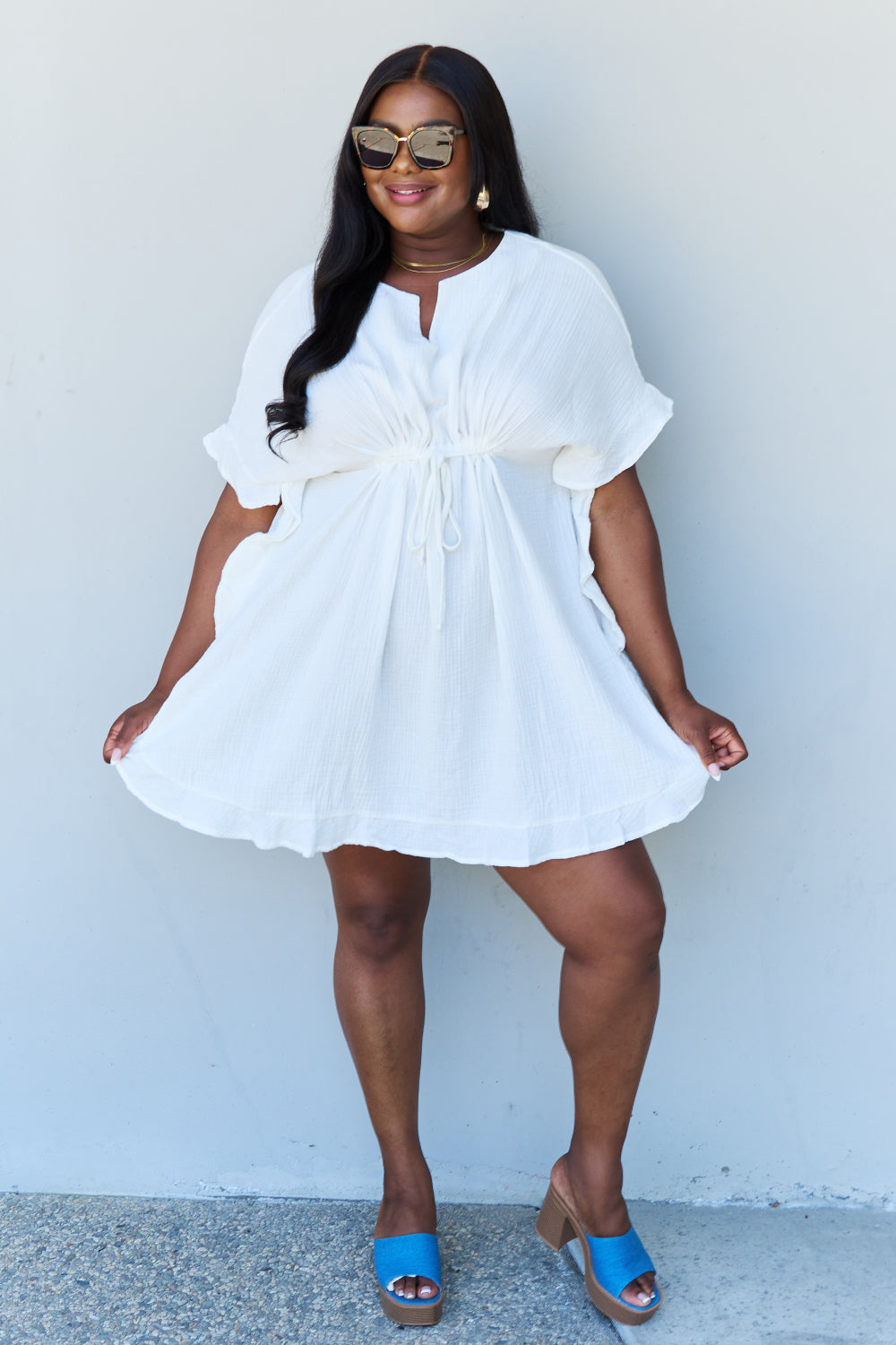 Ninexis Out Of Time Full Size Ruffle Hem Dress with Drawstring Waistband in White
