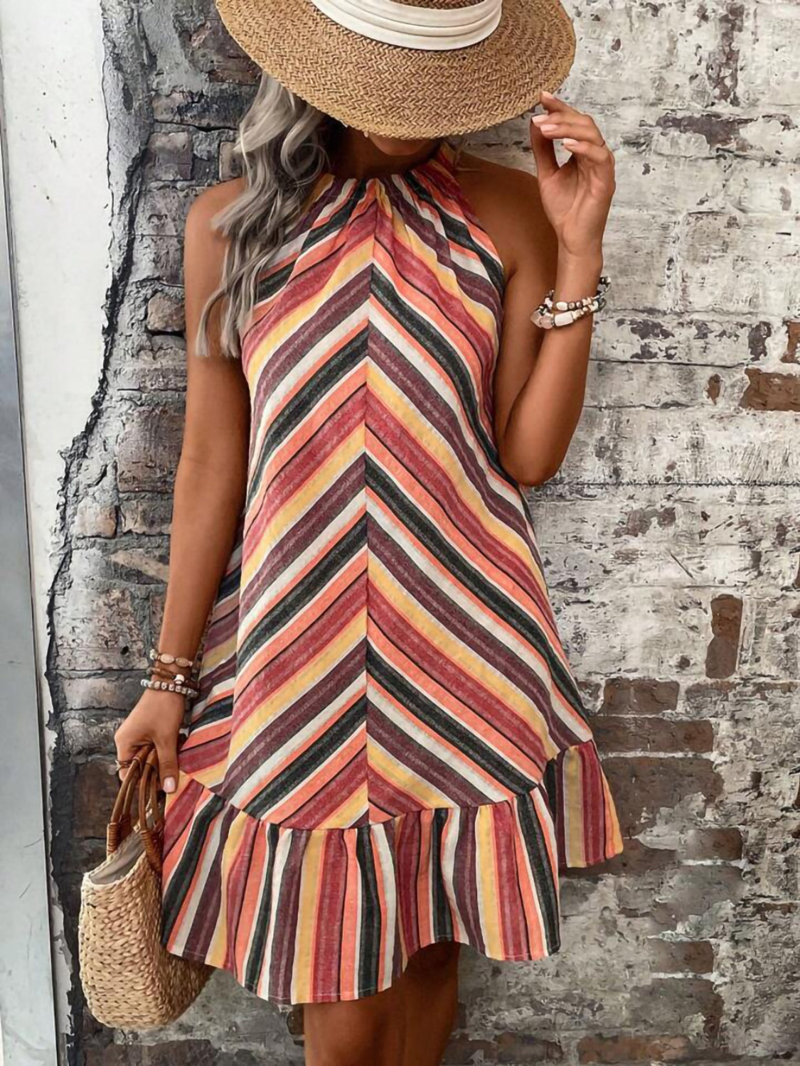 Striped Grecian Neck Dress
