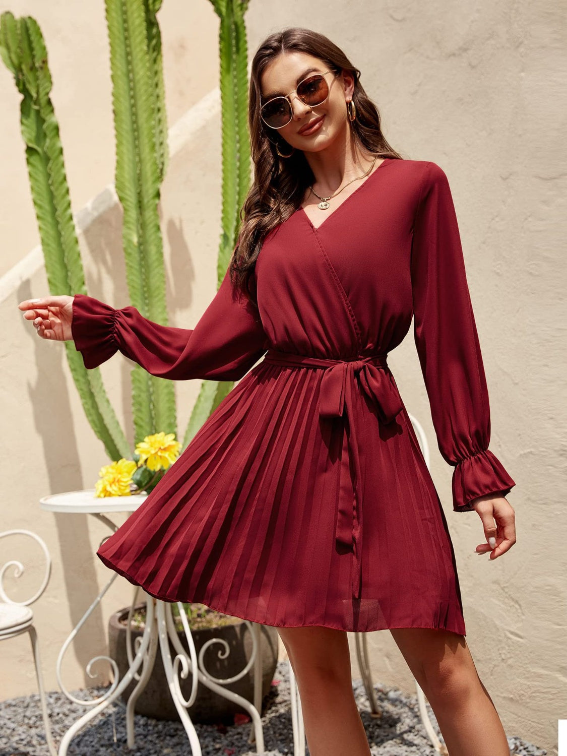 Surplice Flounce Sleeve Pleated Mini Dress
