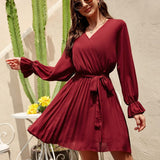 Surplice Flounce Sleeve Pleated Mini Dress
