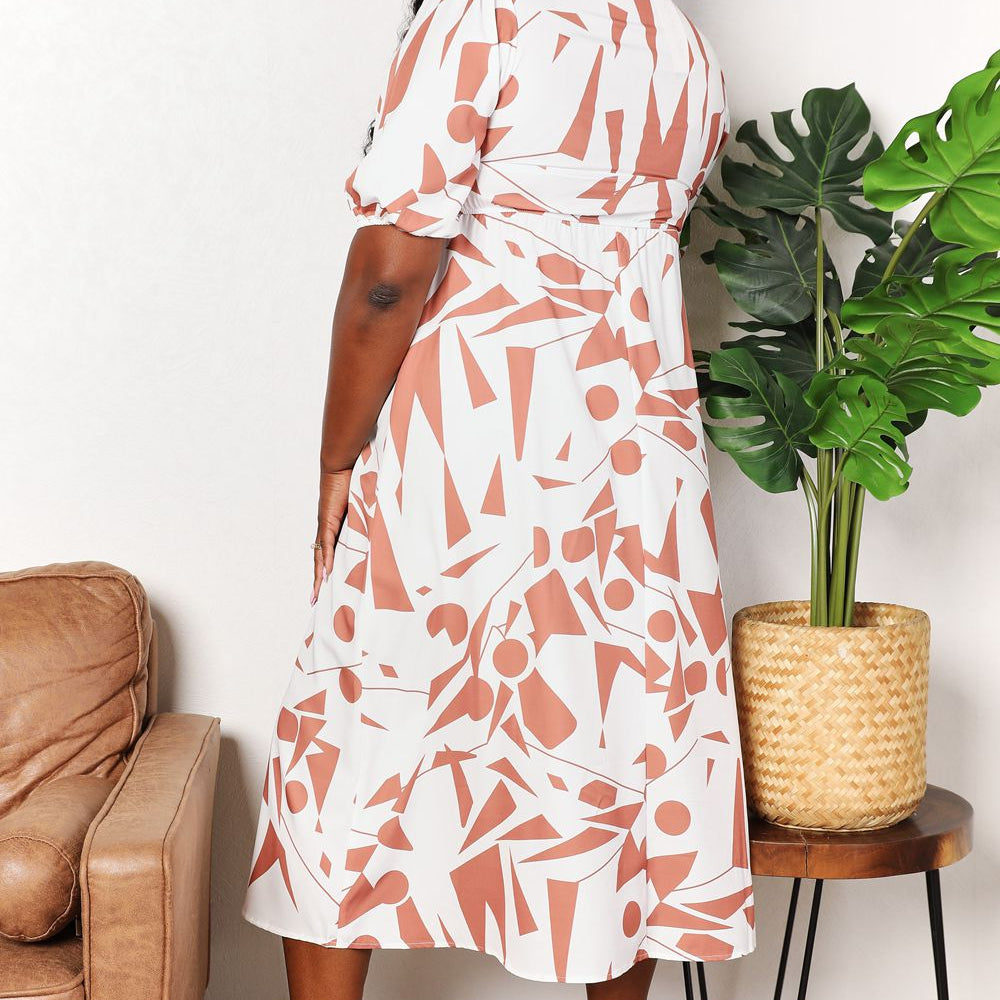 Double Take Printed Surplice Balloon Sleeve Dress
