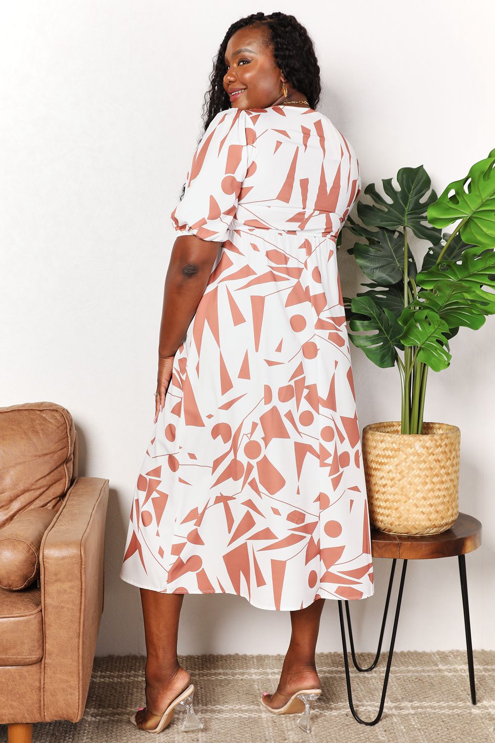 Double Take Printed Surplice Balloon Sleeve Dress
