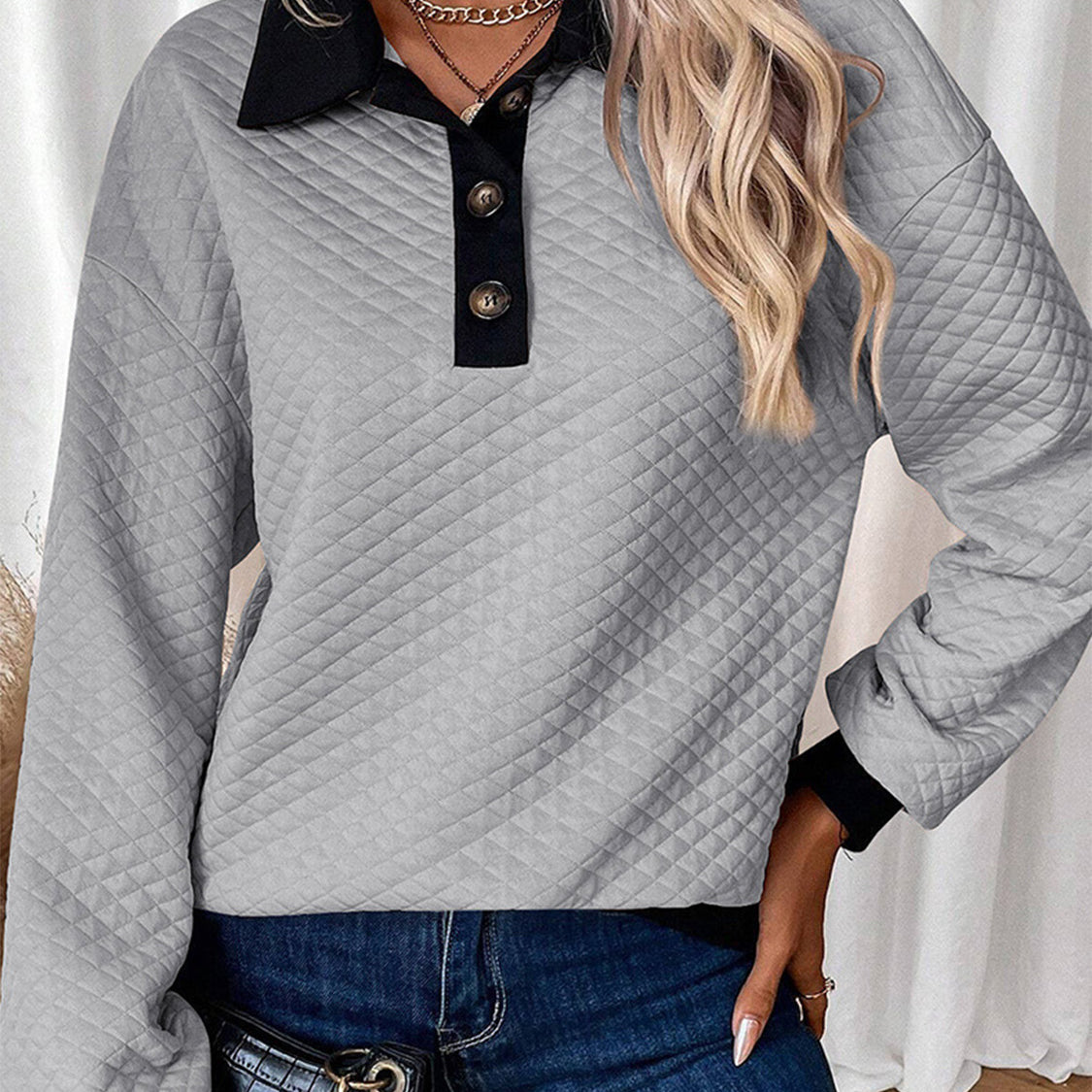 Texture Quarter Button Long Sleeve Sweatshirt
