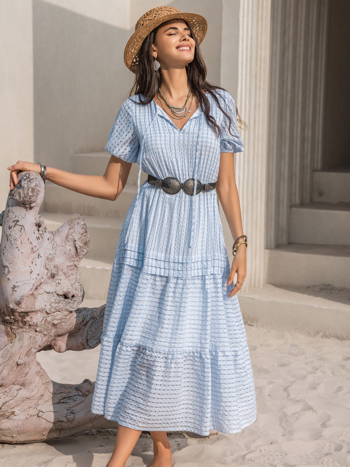 Tie Neck Balloon Sleeve Tiered Dress
