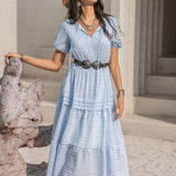 Tie Neck Balloon Sleeve Tiered Dress
