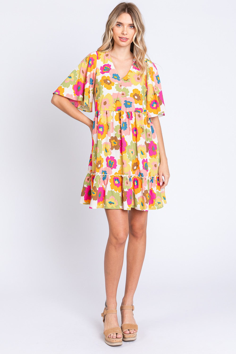 GeeGee Floral V-Neck Ruffle Hem Mini Dress
