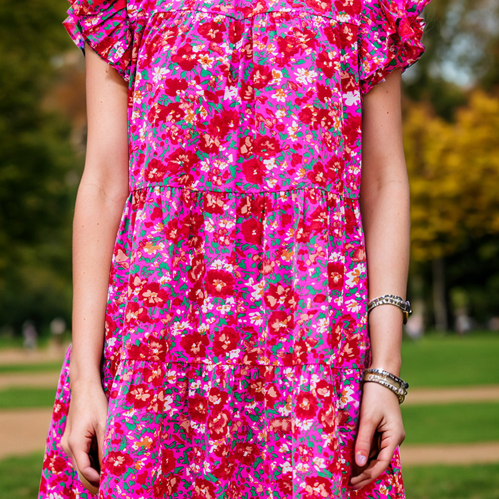 Ruffled Printed Cap Sleeve Mini Dress
