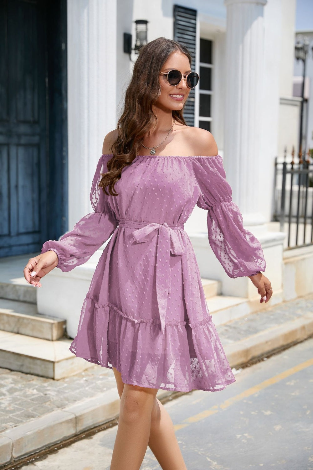 Swiss Dot Off-Shoulder Balloon Sleeve Dress
