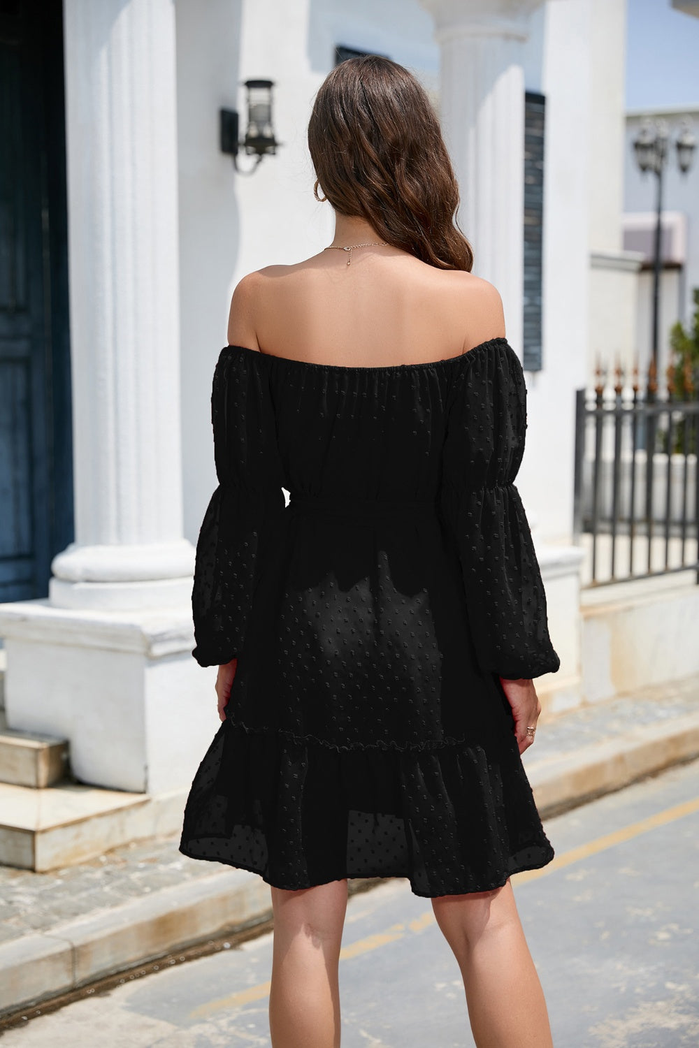 Swiss Dot Off-Shoulder Balloon Sleeve Dress
