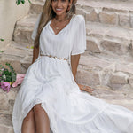 Tie Neck Short Sleeve Ruffle Hem Dress
