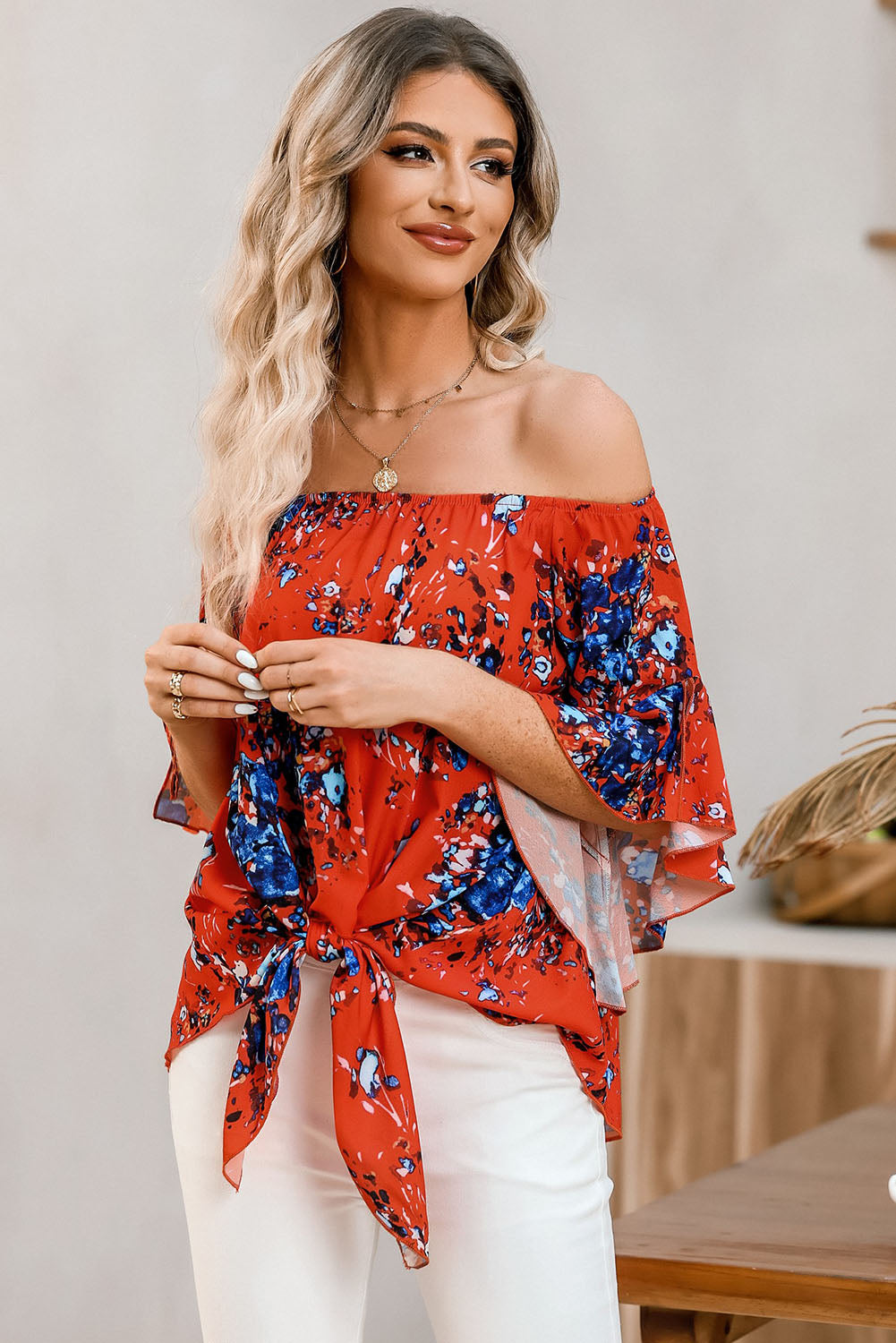 Tied Printed Off-Shoulder Half Sleeve Blouse
