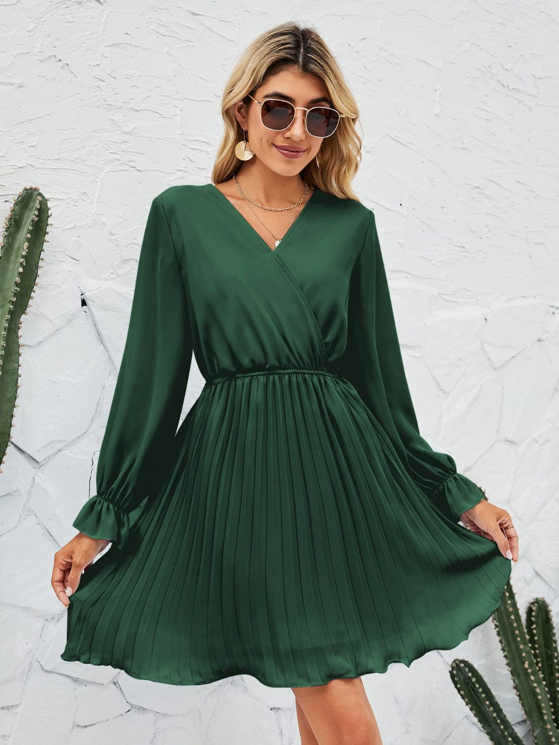 Surplice Flounce Sleeve Pleated Mini Dress
