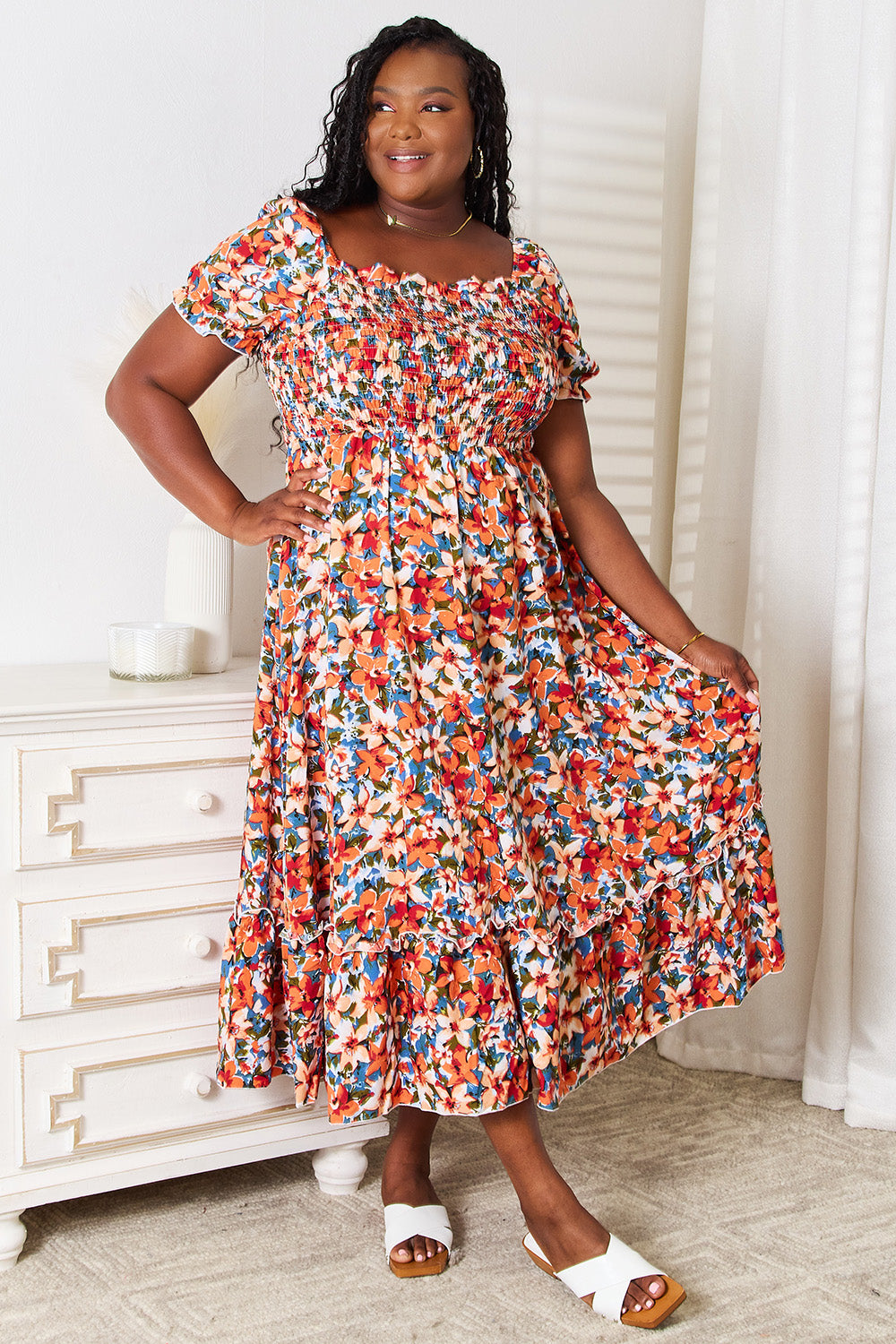 Double Take Plus Size Floral Smocked Square Neck Dress
